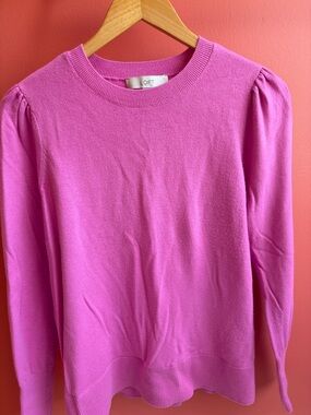 LOFT Bright Pink Crewneck Sweater with Subtle Puff Shoulders